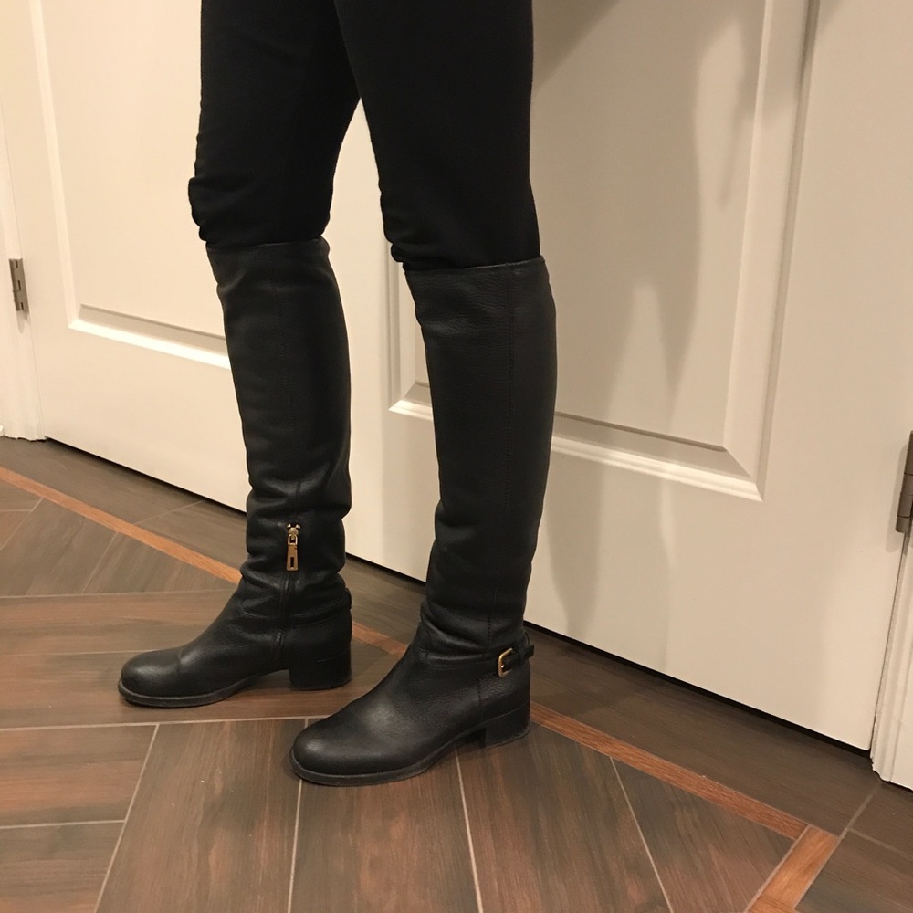Prada knee high black leather boots